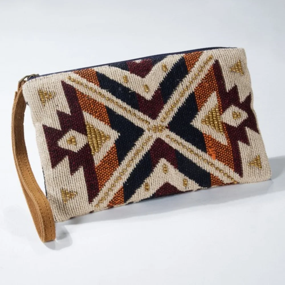 Handmade Hand Beaded Wristlet Clutch - Ethnic Tribal Inspired Design - Yarn Dyed - Picture 2 of 7